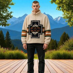 Urban Outfitters Sweatshirt‎ Mens L Aztec Tribal Boa Pullover Sherpa 1/4 Zip